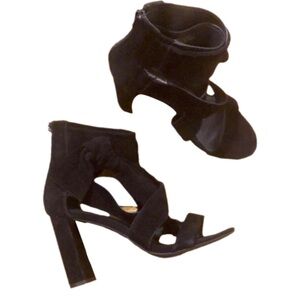 Jeffrey Campbell black suede ankle strap boot heel